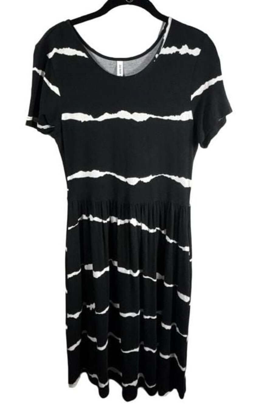 DB Moon Women Black Stripe Casual Short Sleeve Empire Waist Dress Size M
